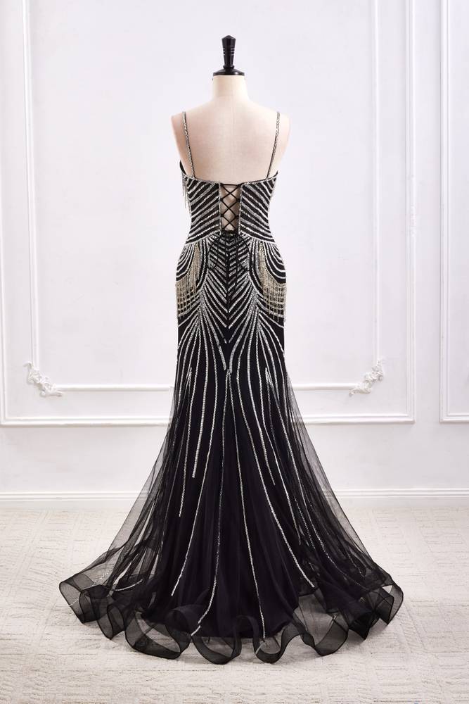 Glamorous Mermaid Bateau Sleeveless Bead-Fringed Prom Dress