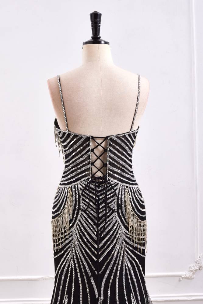 Glamorous Mermaid Bateau Sleeveless Bead-Fringed Prom Dress