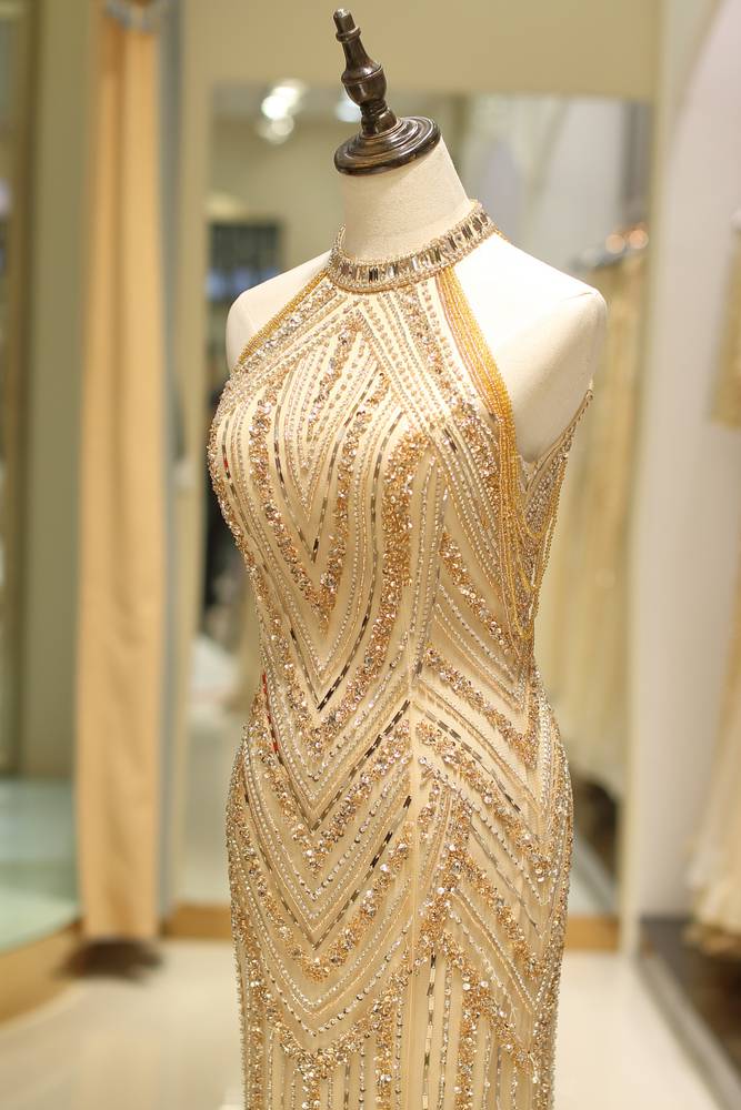 Gorgeous Beaded Decoration High Neck Sleeveless Mermaid Prom Dress 