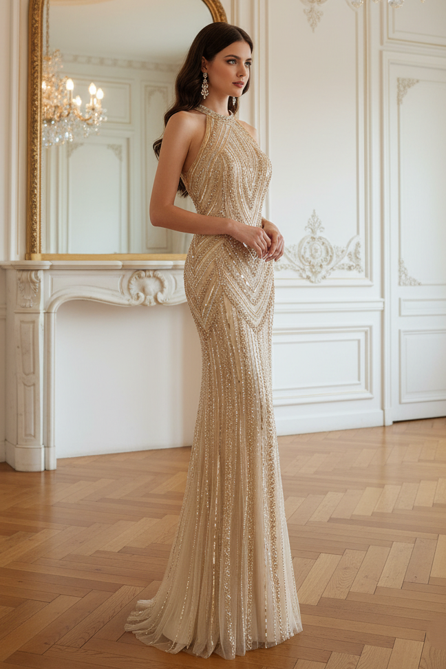 Gorgeous Beaded Decoration High Neck Sleeveless Mermaid Prom Dress 