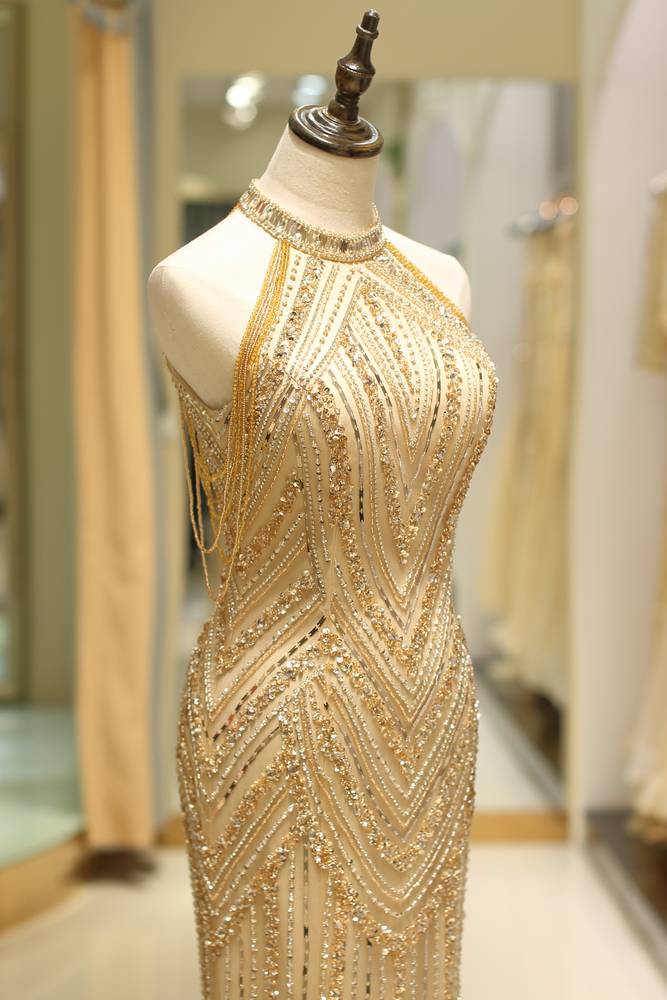 Gorgeous Beaded Decoration High Neck Sleeveless Mermaid Prom Dress 