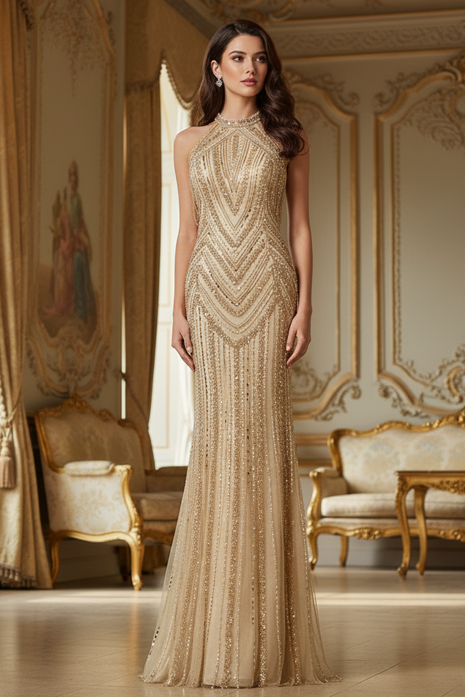 Gorgeous Beaded Decoration High Neck Sleeveless Mermaid Prom Dress 