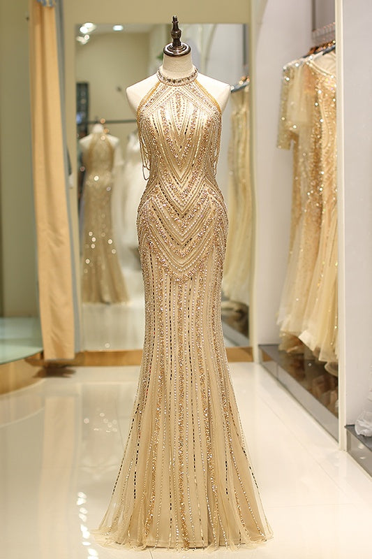 Gorgeous Beaded Decoration High Neck Sleeveless Mermaid Prom Dress 