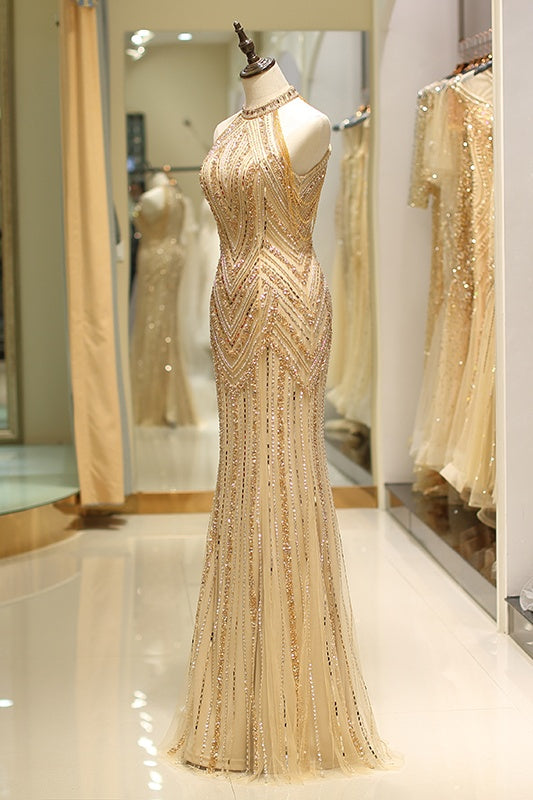 Gorgeous Beaded Decoration High Neck Sleeveless Mermaid Prom Dress 