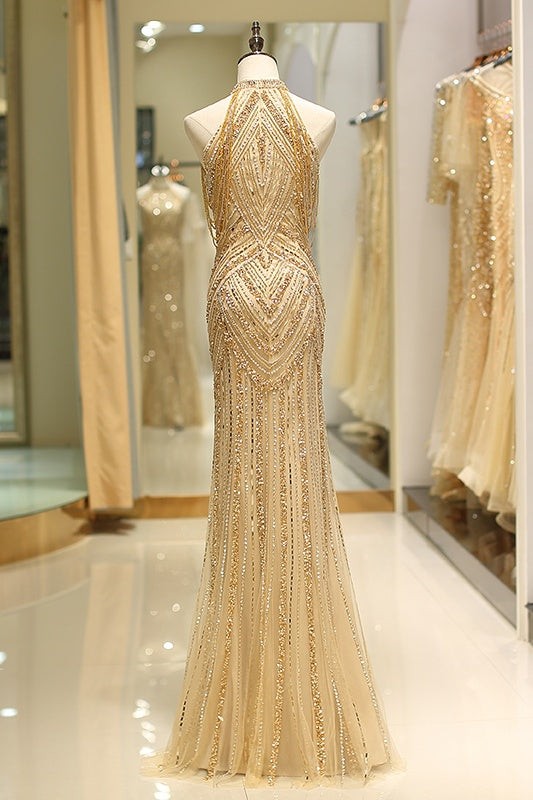 Gorgeous Beaded Decoration High Neck Sleeveless Mermaid Prom Dress 