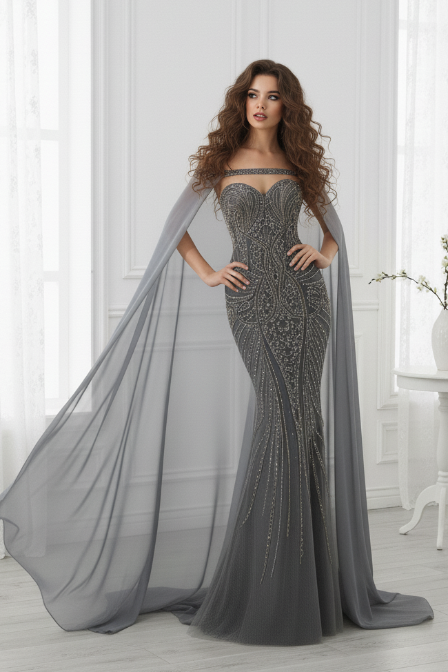 Gorgeous Beaded Sweetheart Mermaid Prom Gown With Shawl