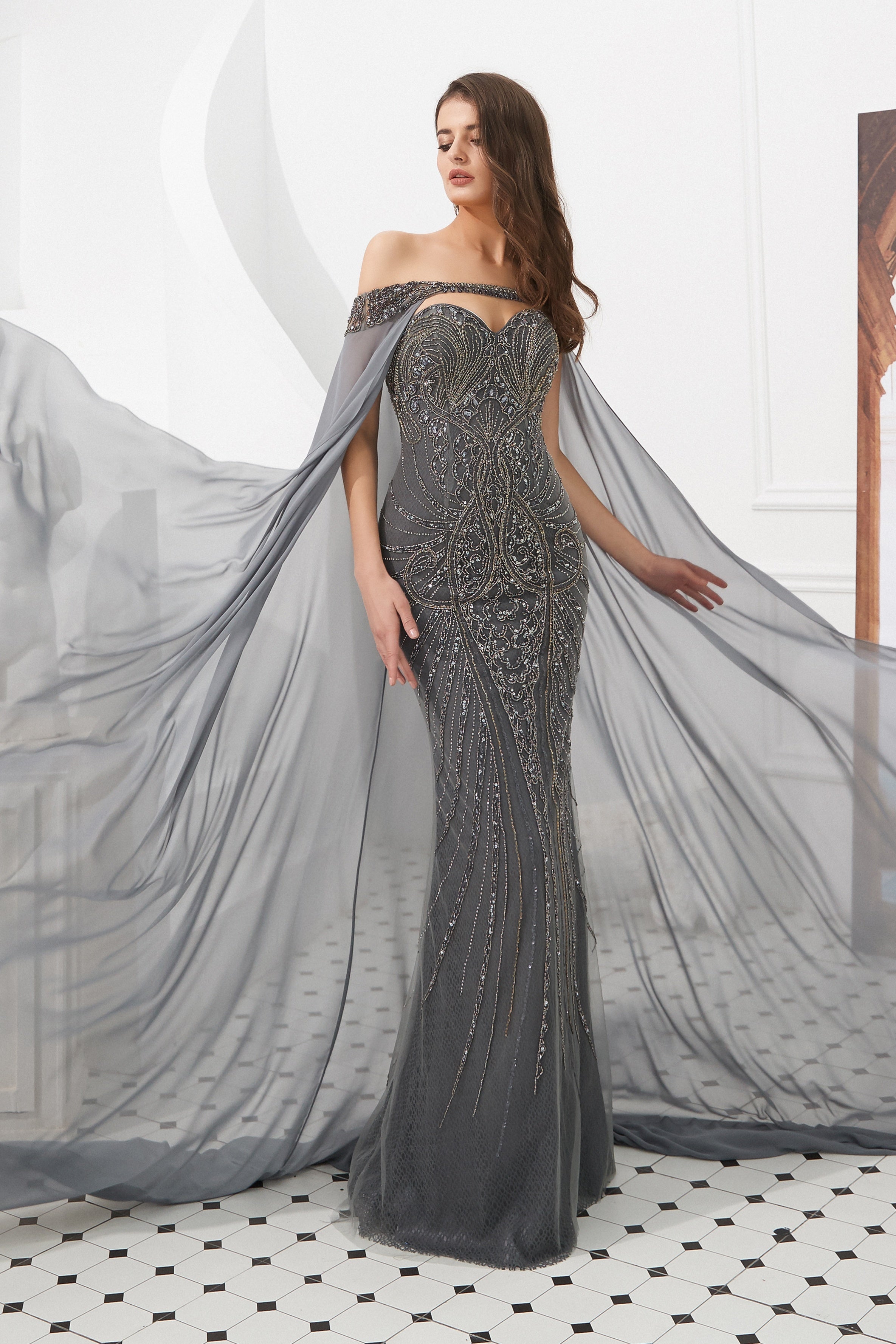 Gorgeous Beaded Sweetheart Mermaid Prom Gown With Shawl