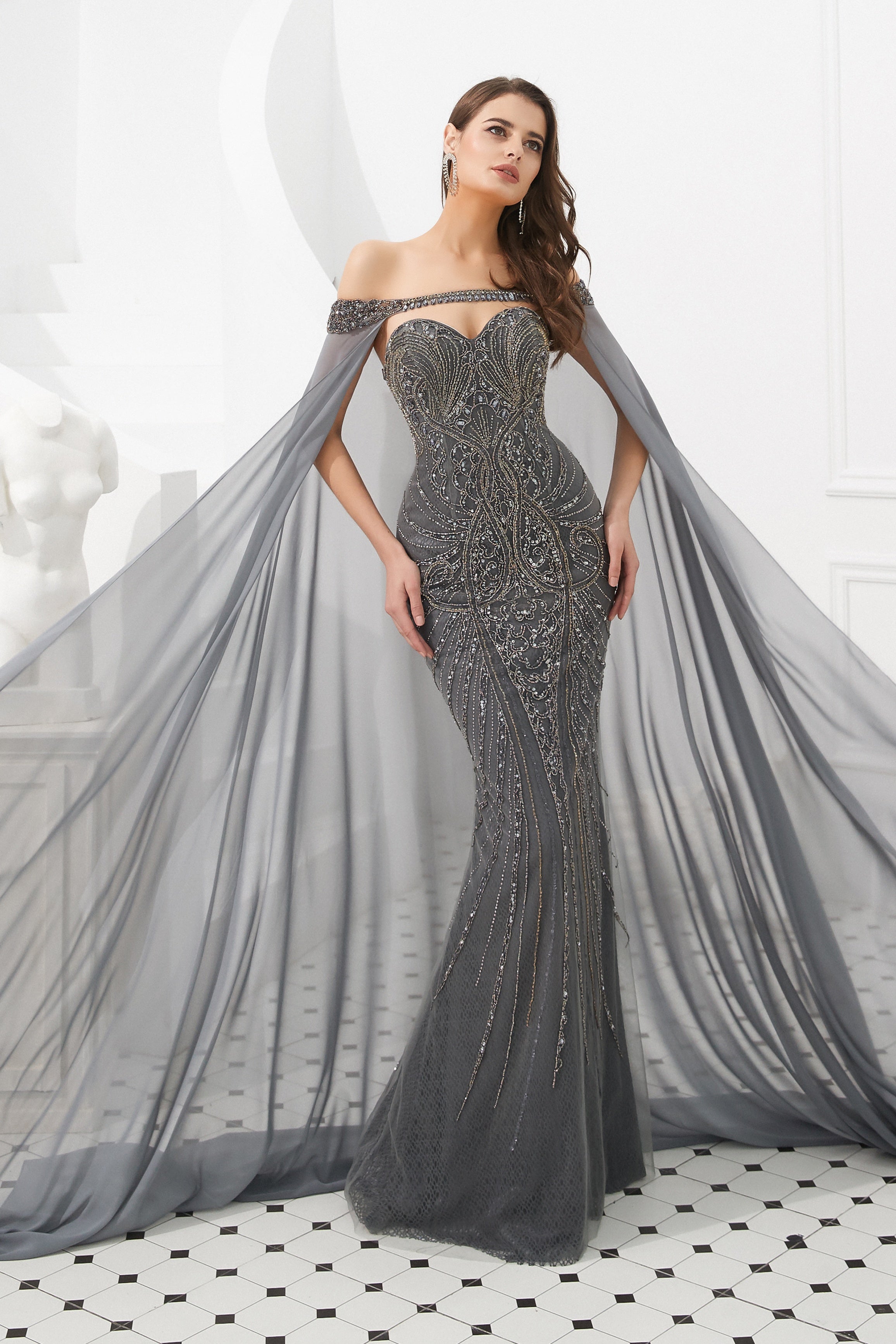 Gorgeous Beaded Sweetheart Mermaid Prom Gown With Shawl