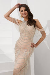 High Neck Off-Shoulder Sheer Back Beaded Tassels Long Prom Dress