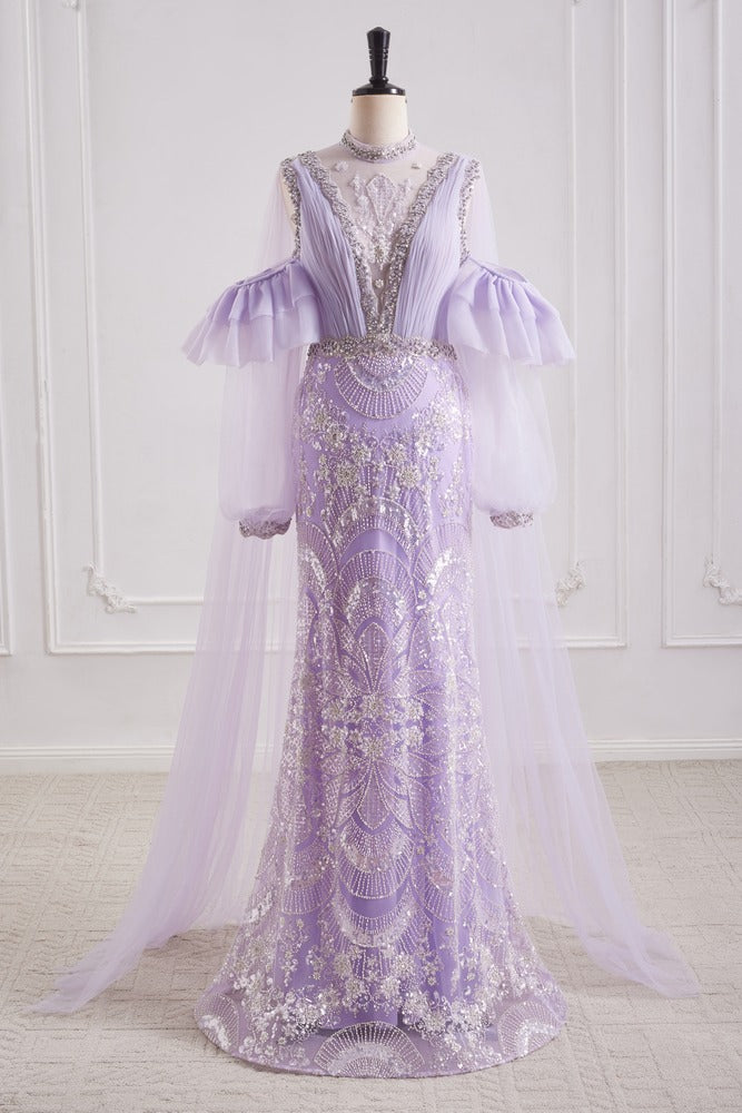 Lilac Mermaid High Neck Long Sleeves Beaded Party Prom Dress