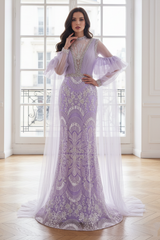 Lilac Mermaid High Neck Long Sleeves Beaded Party Prom Dress