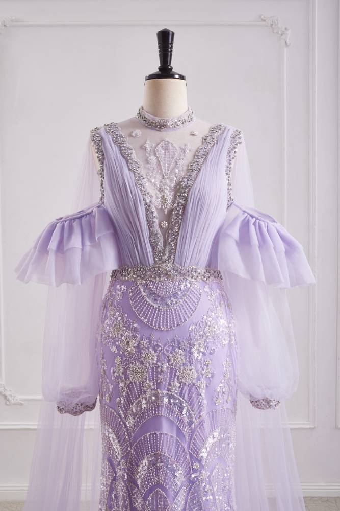 Lilac Mermaid High Neck Long Sleeves Beaded Party Prom Dress