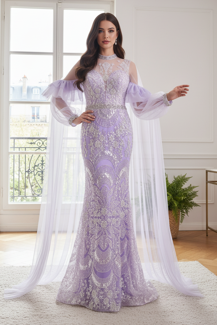 Lilac Mermaid High Neck Long Sleeves Beaded Party Prom Dress
