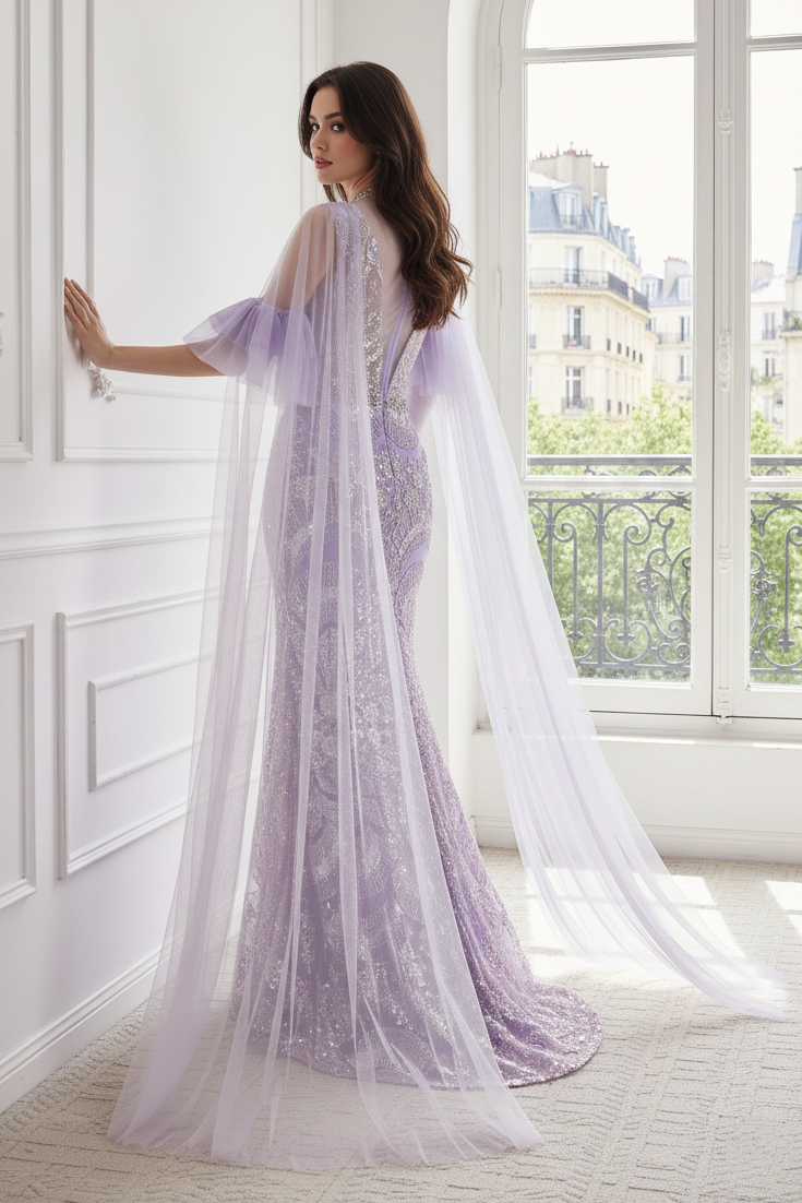 Lilac Mermaid High Neck Long Sleeves Beaded Party Prom Dress