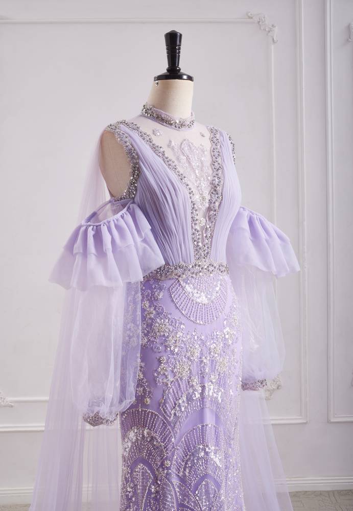Lilac Mermaid High Neck Long Sleeves Beaded Party Prom Dress
