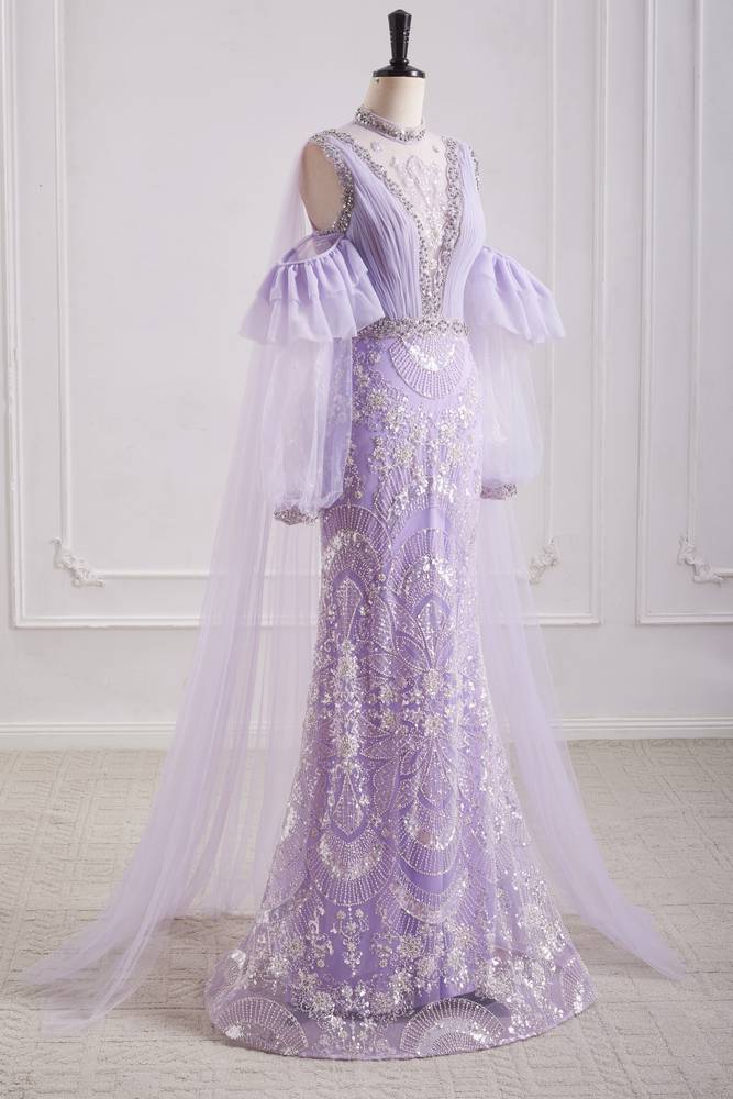 Lilac Mermaid High Neck Long Sleeves Beaded Party Prom Dress