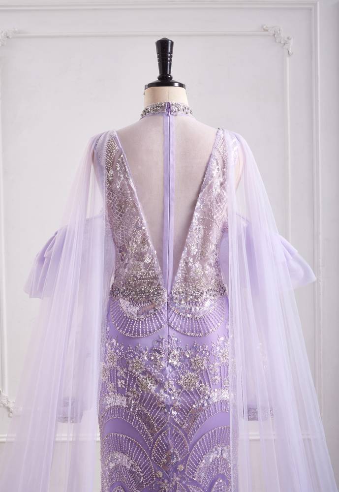 Lilac Mermaid High Neck Long Sleeves Beaded Party Prom Dress