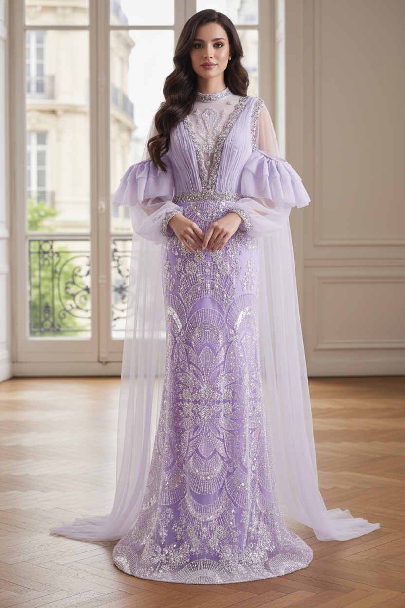 Lilac Mermaid High Neck Long Sleeves Beaded Party Prom Dress