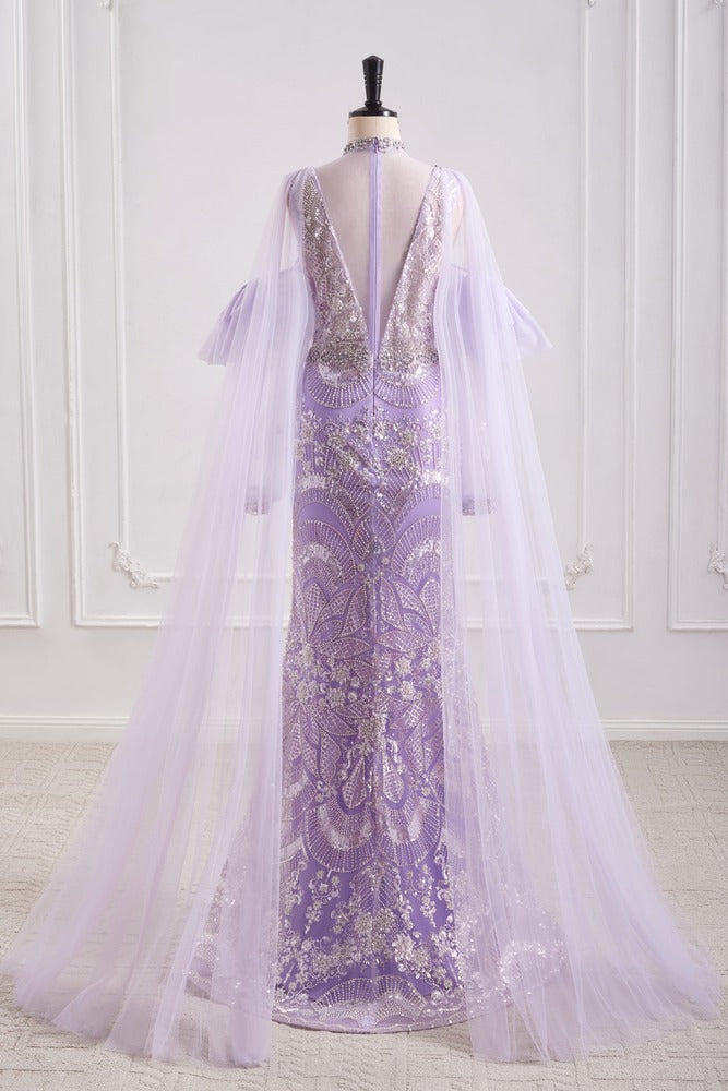Lilac Mermaid High Neck Long Sleeves Beaded Party Prom Dress