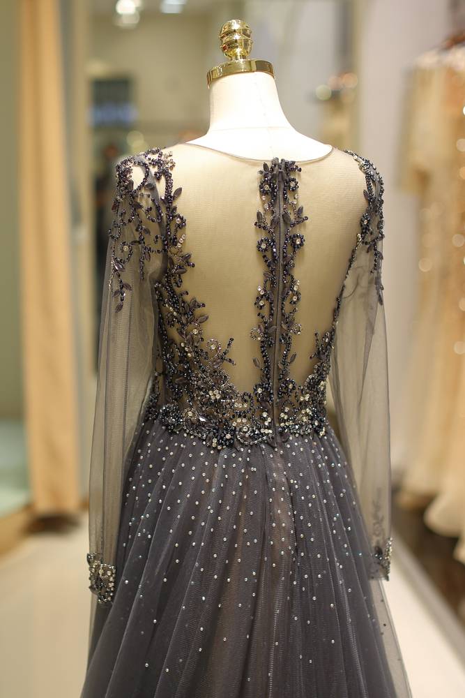 Low V-Neck Long Sleeves Illusion Back Formal Beaded Prom Gown 