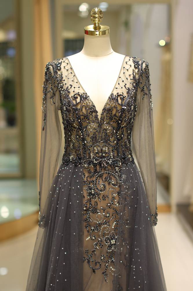 Low V-Neck Long Sleeves Illusion Back Formal Beaded Prom Gown 