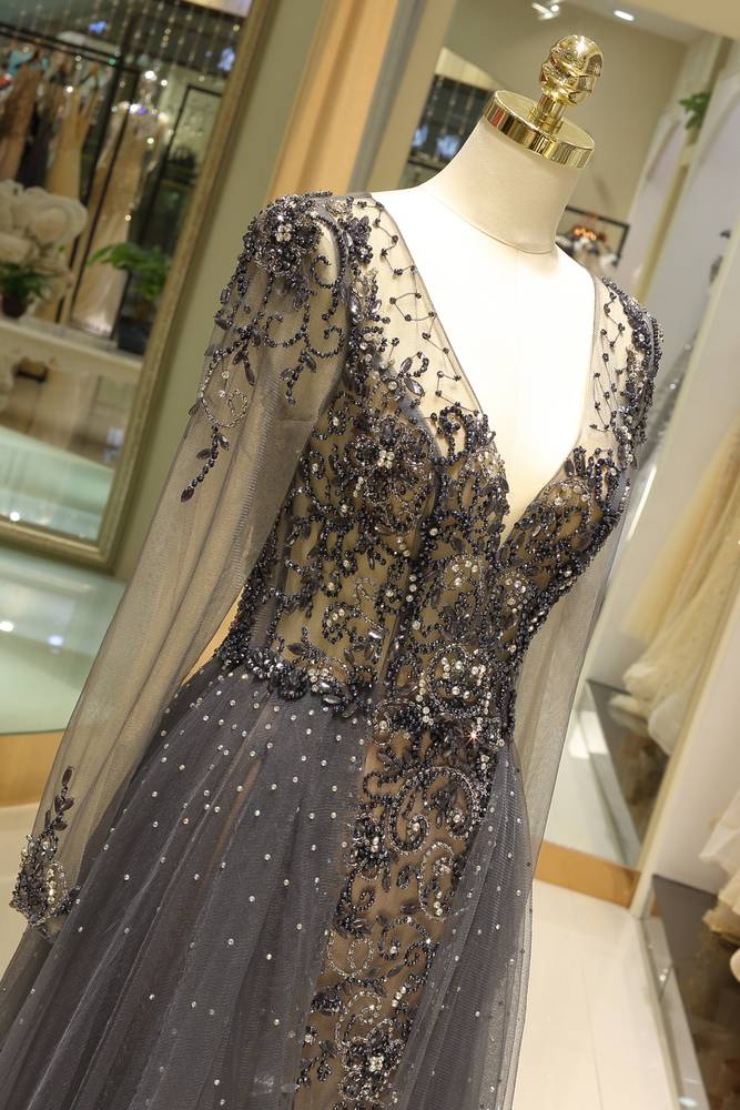 Low V-Neck Long Sleeves Illusion Back Formal Beaded Prom Gown 