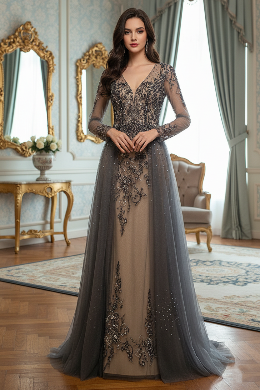 Low V-Neck Long Sleeves Illusion Back Formal Beaded Prom Gown 