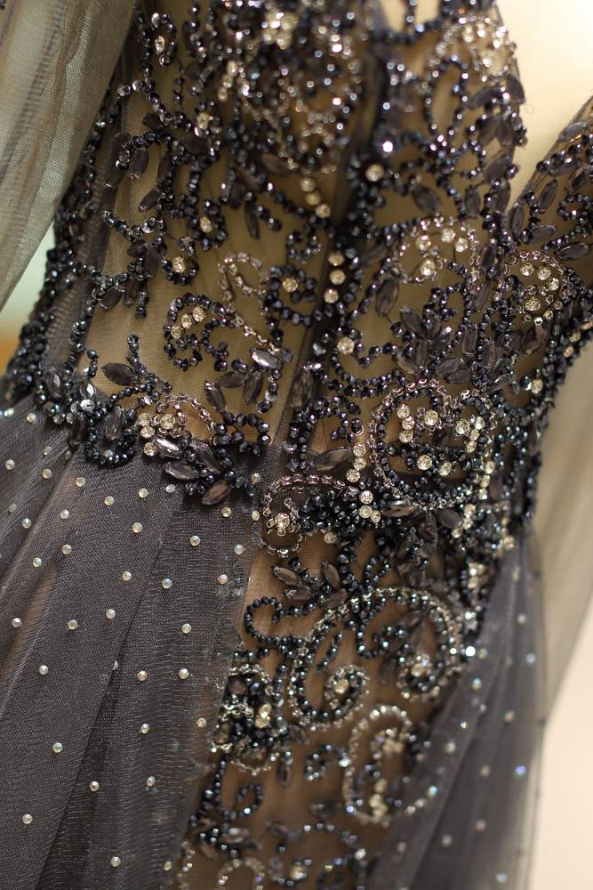 Low V-Neck Long Sleeves Illusion Back Formal Beaded Prom Gown 