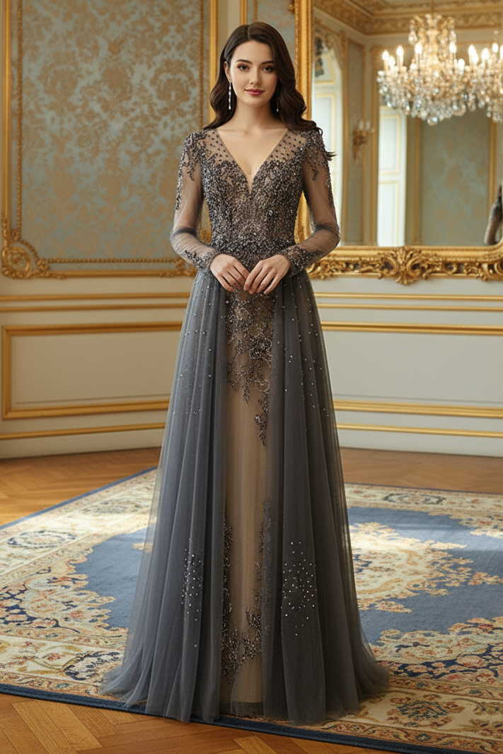 Low V-Neck Long Sleeves Illusion Back Formal Beaded Prom Gown 