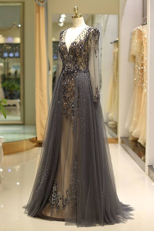 Low V-Neck Long Sleeves Illusion Back Formal Beaded Prom Gown 