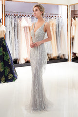 Low V-Neck Open Back Empire Beaded Tassels Floor-Leength Prom Dress