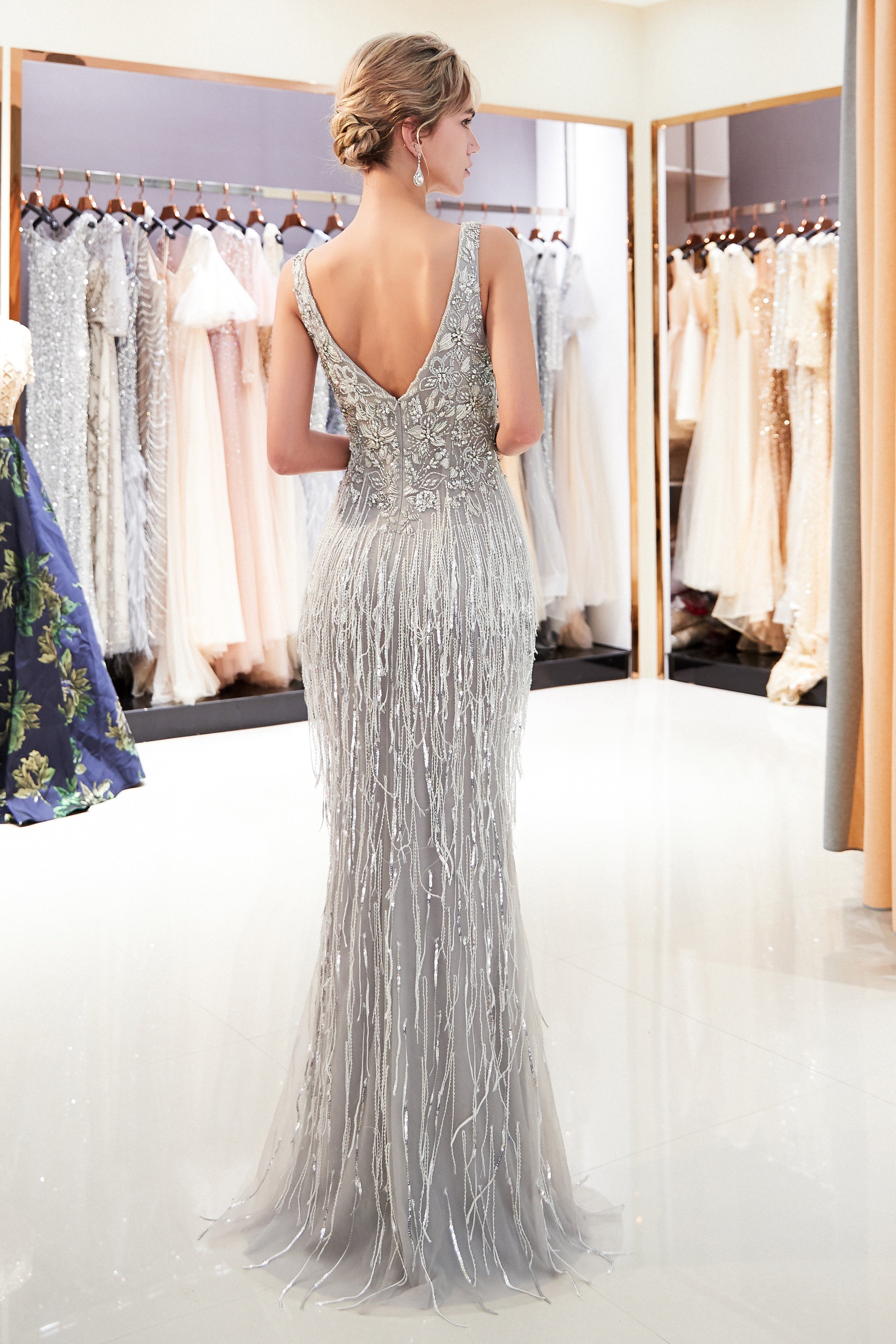 Low V-Neck Open Back Empire Beaded Tassels Floor-Leength Prom Dress