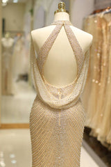 Mermaid Empire High Neck Fully Beaded Embroidery Prom Dress With Slit