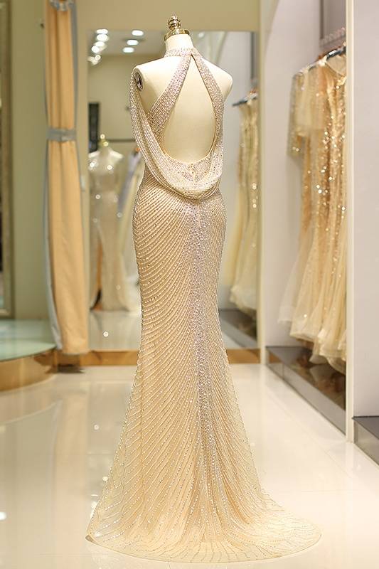 Mermaid Empire High Neck Fully Beaded Embroidery Prom Dress With Slit