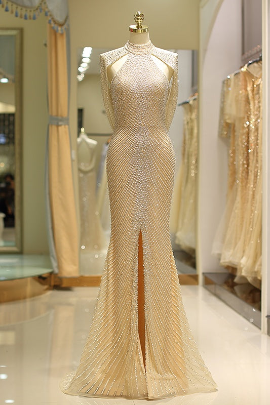Mermaid Empire High Neck Fully Beaded Embroidery Prom Dress With Slit