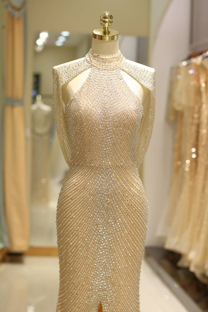 Mermaid Empire High Neck Fully Beaded Embroidery Prom Dress With Slit