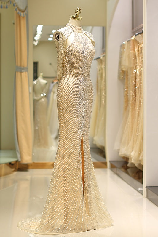 Mermaid Empire High Neck Fully Beaded Embroidery Prom Dress With Slit