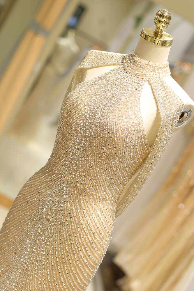 Mermaid Empire High Neck Fully Beaded Embroidery Prom Dress With Slit