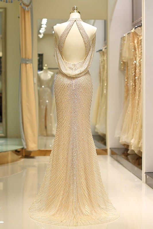 Mermaid Empire High Neck Fully Beaded Embroidery Prom Dress With Slit