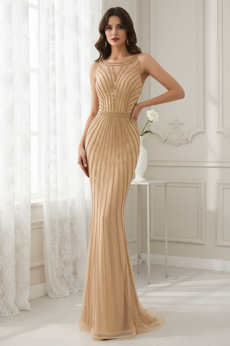 Mermaid Round Sleeveless Empire Beaded Party Prom Dress