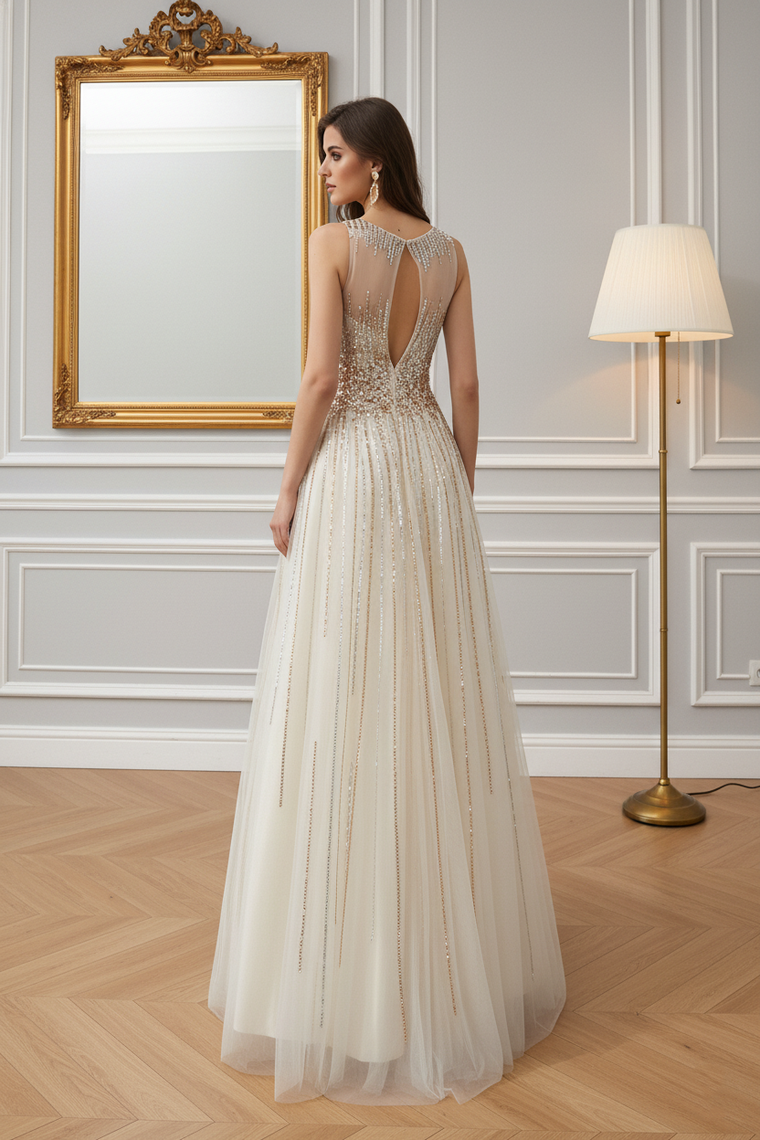 Modest Tulle A-Line Scoop Sleeveless Beaded Party Prom Dress