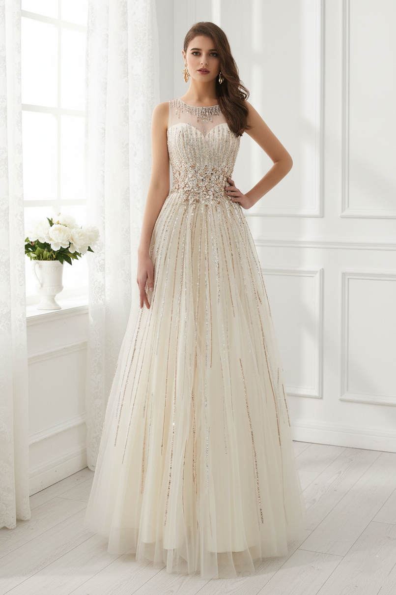 Modest Tulle A-Line Scoop Sleeveless Beaded Party Prom Dress