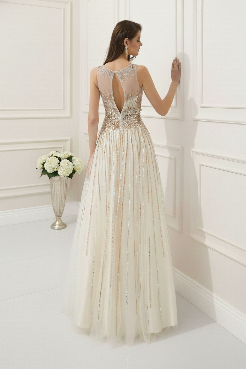 Modest Tulle A-Line Scoop Sleeveless Beaded Party Prom Dress