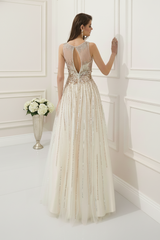 Modest Tulle A-Line Scoop Sleeveless Beaded Party Prom Dress