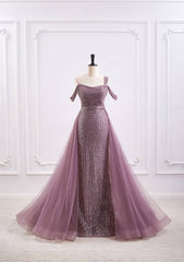 Omate Bateau Sleeveless Beaded Prom Dress With Tulle Train