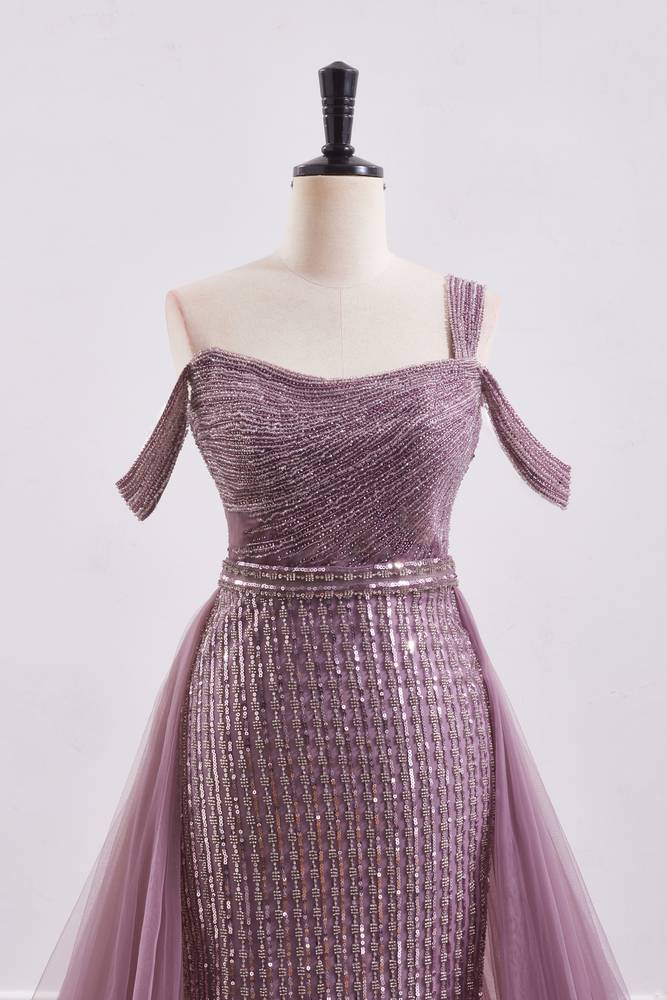 Omate Bateau Sleeveless Beaded Prom Dress With Tulle Train