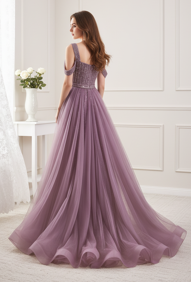 Omate Bateau Sleeveless Beaded Prom Dress With Tulle Train