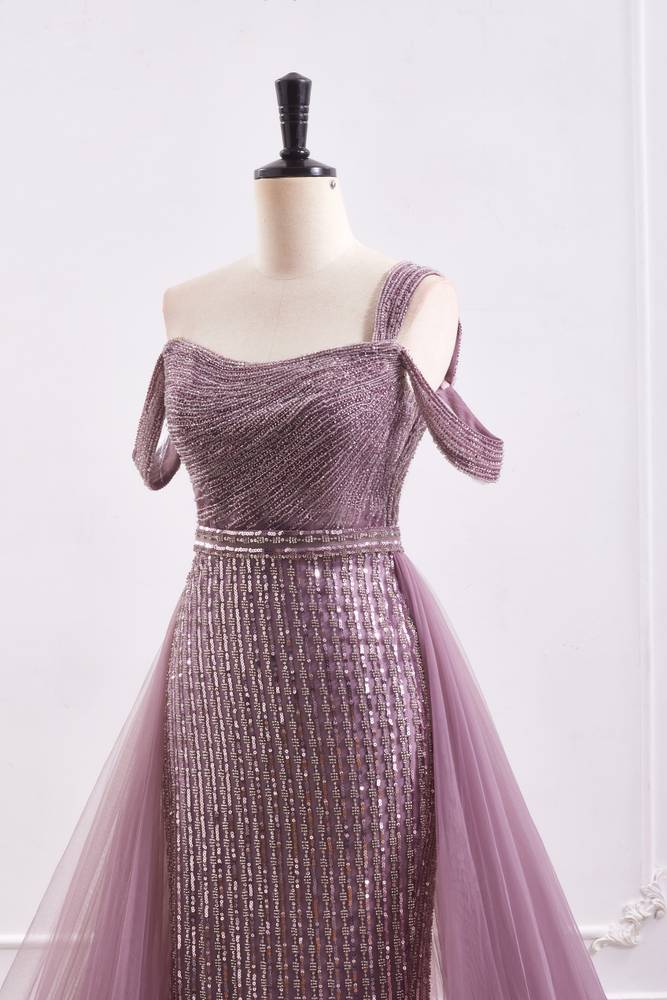 Omate Bateau Sleeveless Beaded Prom Dress With Tulle Train