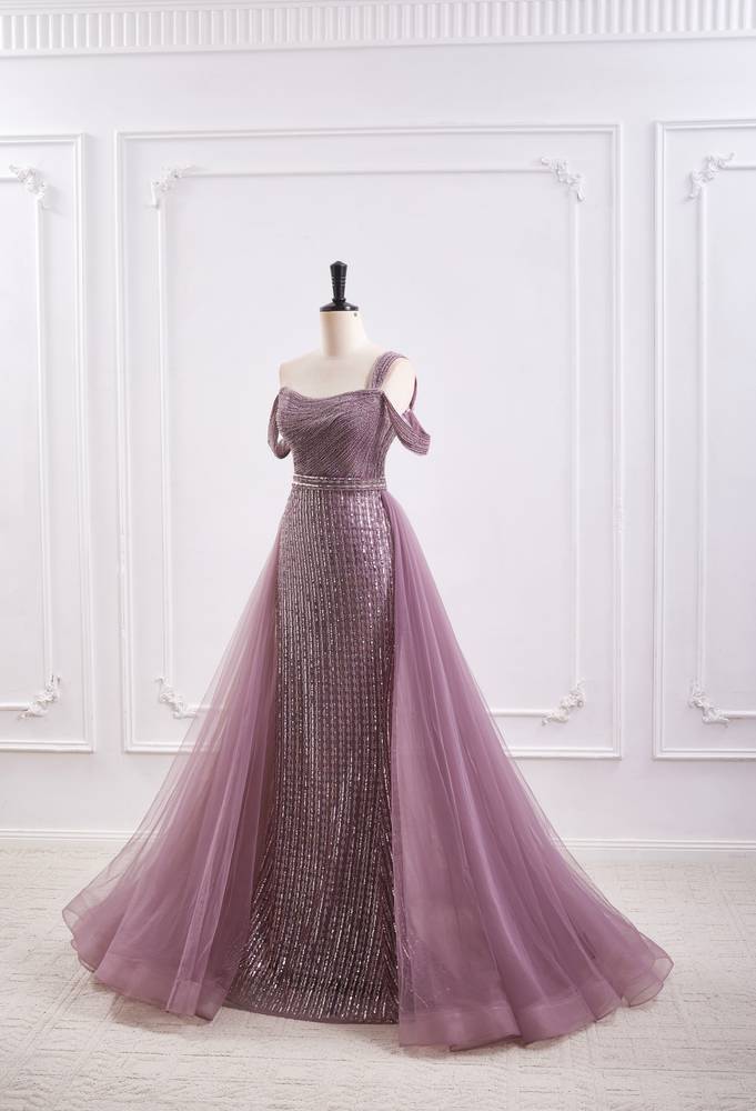 Omate Bateau Sleeveless Beaded Prom Dress With Tulle Train