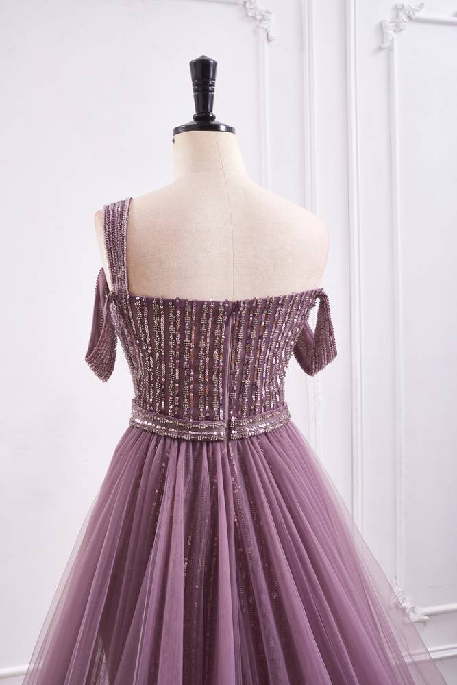 Omate Bateau Sleeveless Beaded Prom Dress With Tulle Train